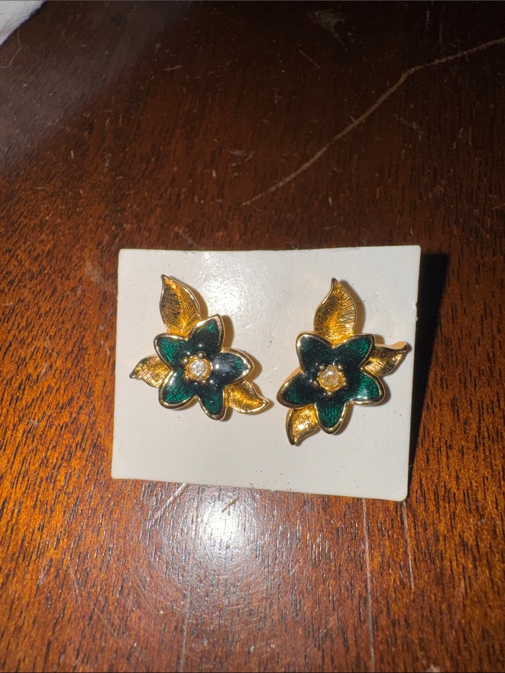 Avon Gold-Tone Green Enamel Floral Stud Earrings